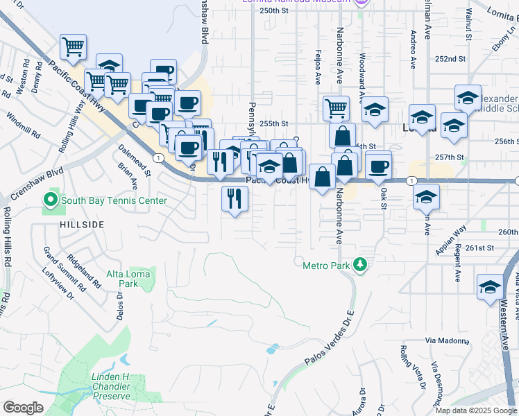 map of restaurants, bars, coffee shops, grocery stores, and more near 25917 Viana Avenue in Lomita