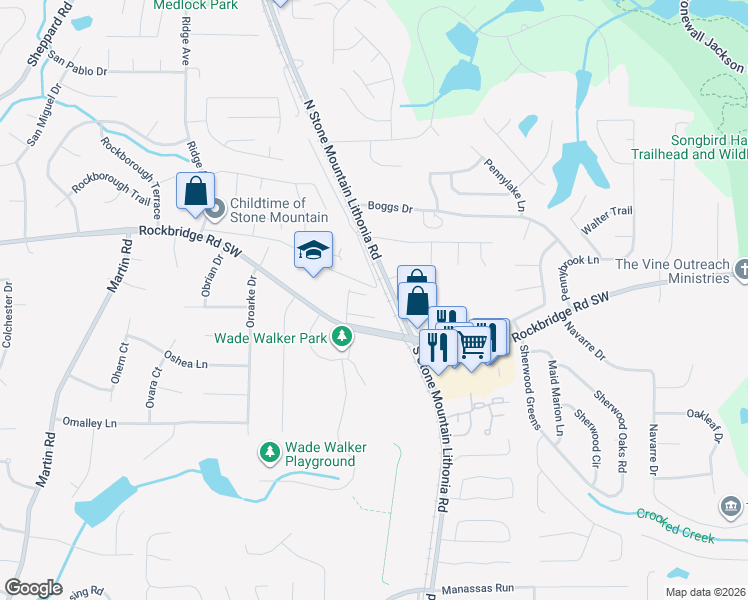 map of restaurants, bars, coffee shops, grocery stores, and more near 462 Orchard Drive in Stone Mountain