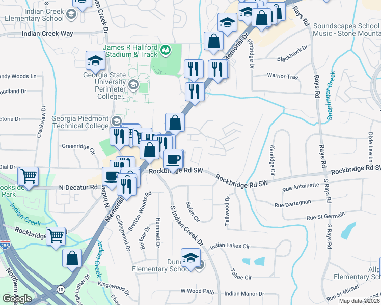 map of restaurants, bars, coffee shops, grocery stores, and more near 541 Rockbridge Trail in Stone Mountain