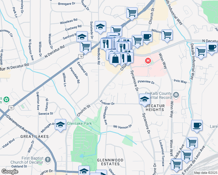map of restaurants, bars, coffee shops, grocery stores, and more near 1387 Church Street in Decatur