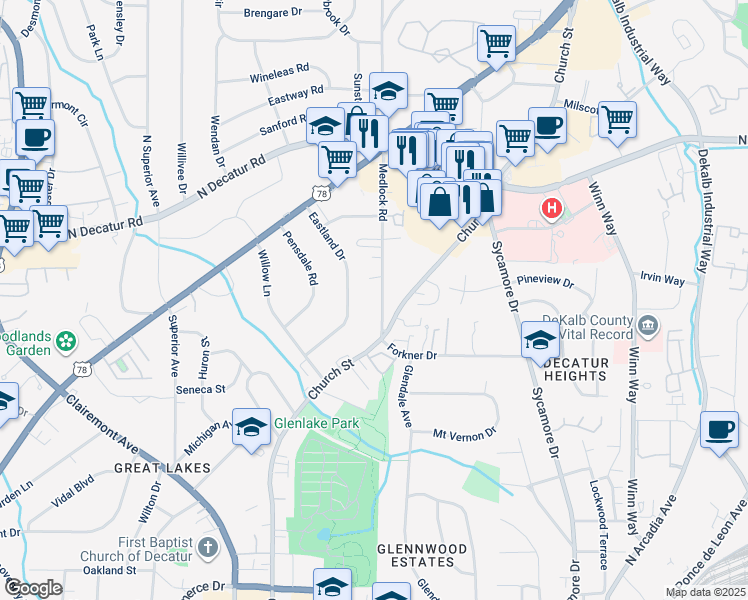 map of restaurants, bars, coffee shops, grocery stores, and more near 320 Eastland Drive in Decatur