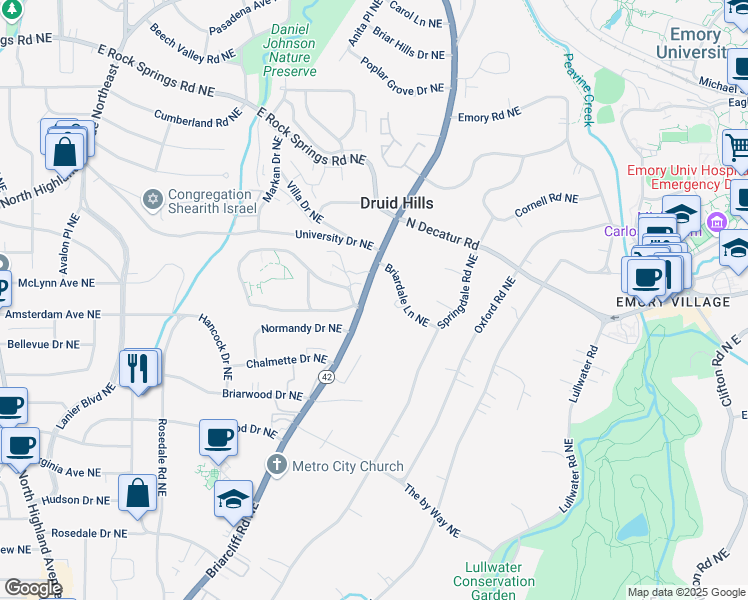 map of restaurants, bars, coffee shops, grocery stores, and more near 1263 Briarcliff Road Northeast in Atlanta