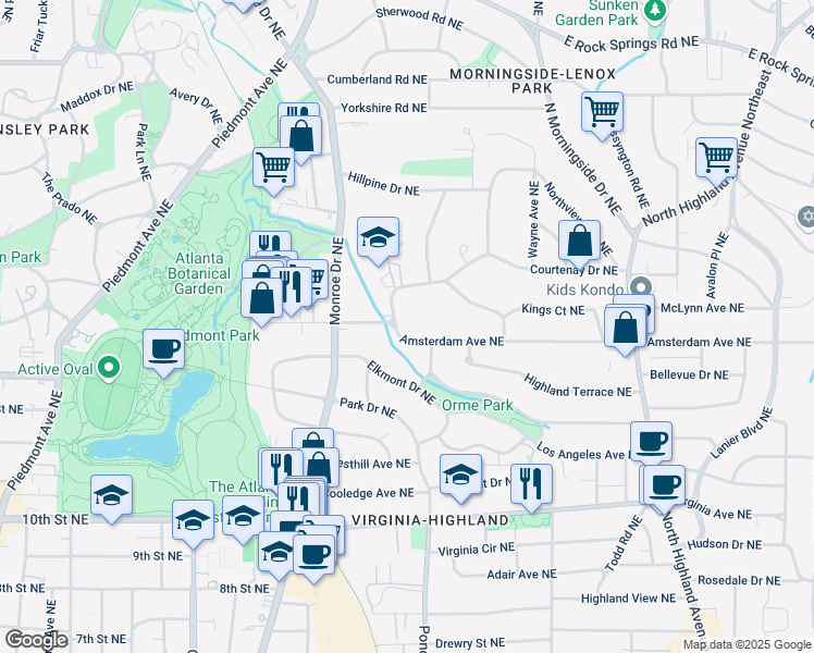 map of restaurants, bars, coffee shops, grocery stores, and more near 686 Amsterdam Avenue Northeast in Atlanta
