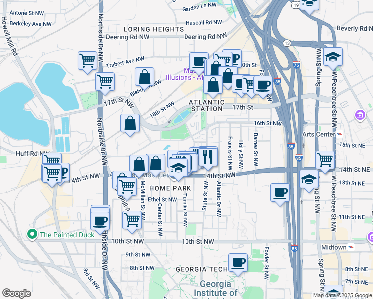 map of restaurants, bars, coffee shops, grocery stores, and more near 1200 Mecaslin Street Northwest in Atlanta