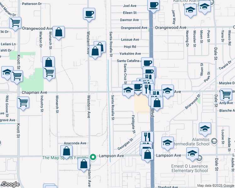 map of restaurants, bars, coffee shops, grocery stores, and more near 7722 Chapman Avenue in Garden Grove