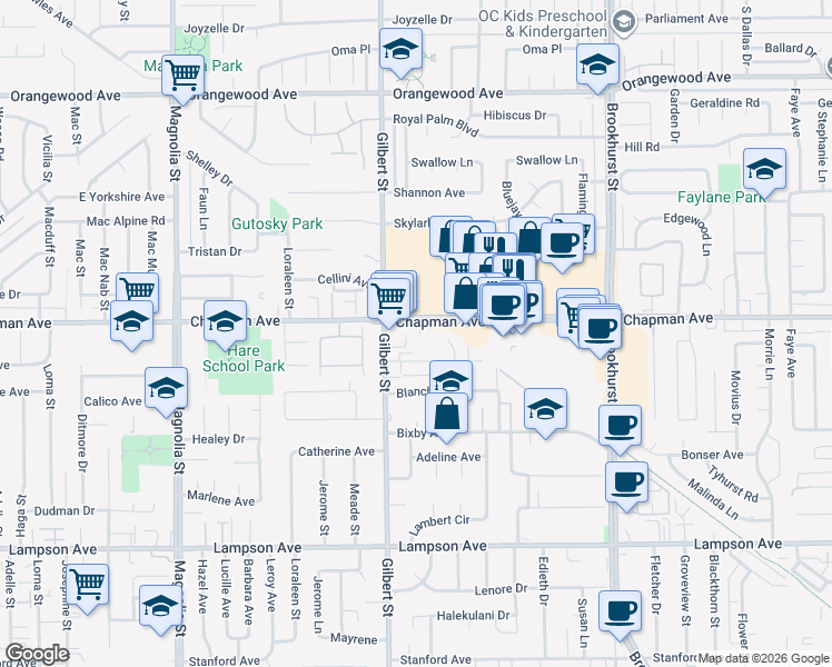 map of restaurants, bars, coffee shops, grocery stores, and more near 9581 Alwood Avenue in Garden Grove