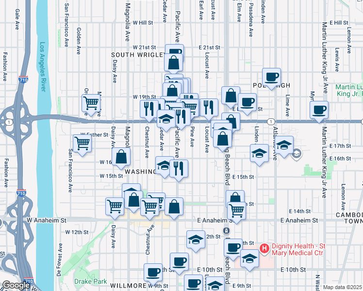 map of restaurants, bars, coffee shops, grocery stores, and more near in Long Beach