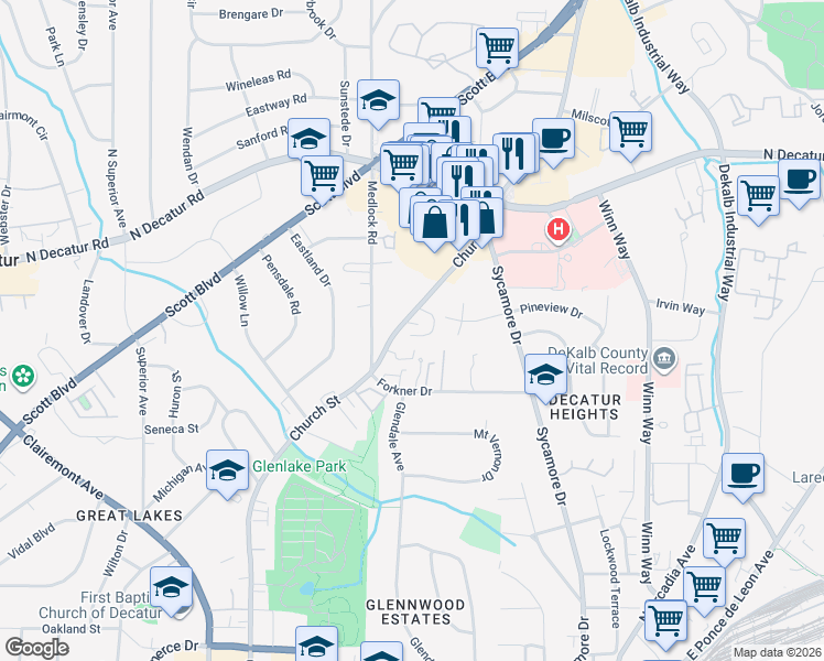 map of restaurants, bars, coffee shops, grocery stores, and more near 21 Old Decatur Circle in Decatur