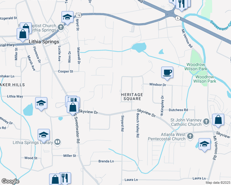 map of restaurants, bars, coffee shops, grocery stores, and more near 590 Sunset Drive in Lithia Springs