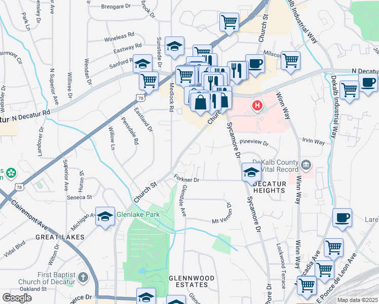 map of restaurants, bars, coffee shops, grocery stores, and more near 21 Old Decatur Circle in Decatur