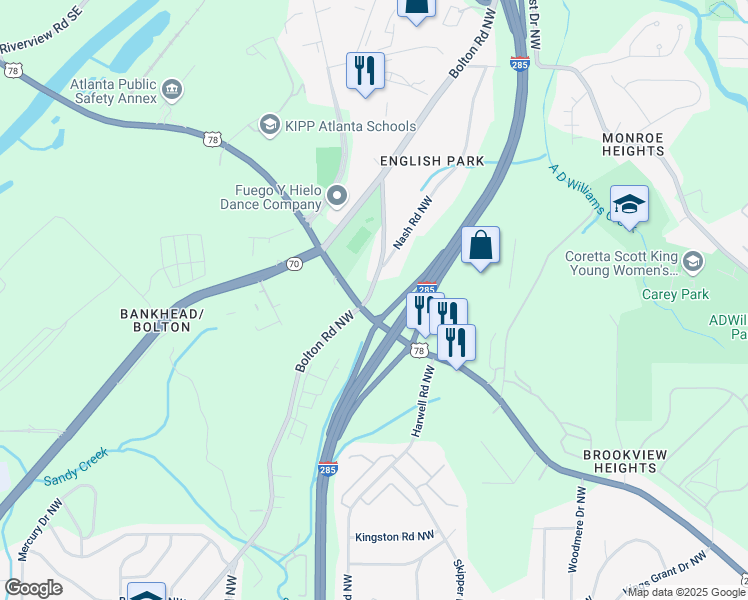 map of restaurants, bars, coffee shops, grocery stores, and more near 1210 Bolton Road Northwest in Atlanta