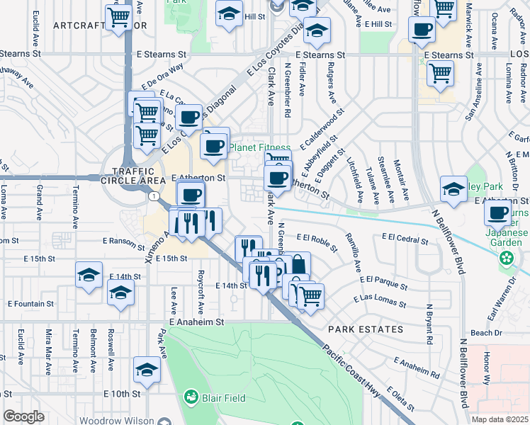 map of restaurants, bars, coffee shops, grocery stores, and more near 1655 Clark Avenue in Long Beach