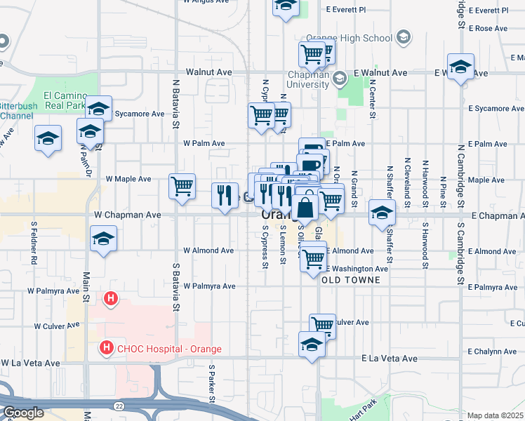 map of restaurants, bars, coffee shops, grocery stores, and more near 128 South Cypress Street in Orange