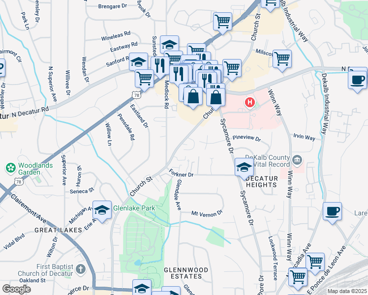 map of restaurants, bars, coffee shops, grocery stores, and more near 1387 Church Street in Decatur
