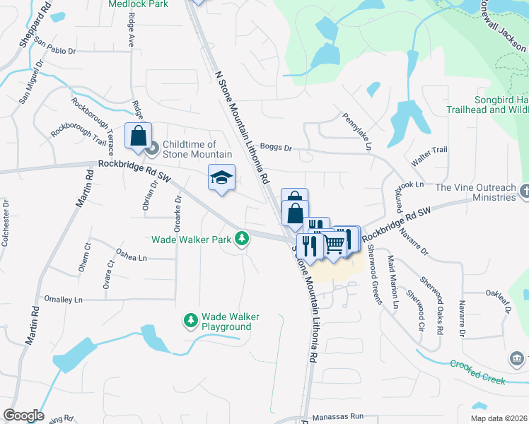 map of restaurants, bars, coffee shops, grocery stores, and more near 462 Orchard Drive in Stone Mountain