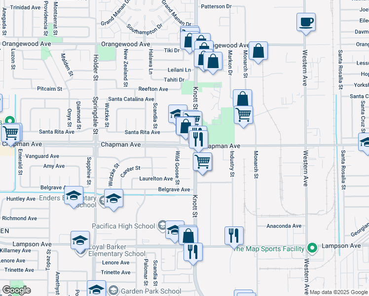 map of restaurants, bars, coffee shops, grocery stores, and more near 6942 Chapman Avenue in Garden Grove