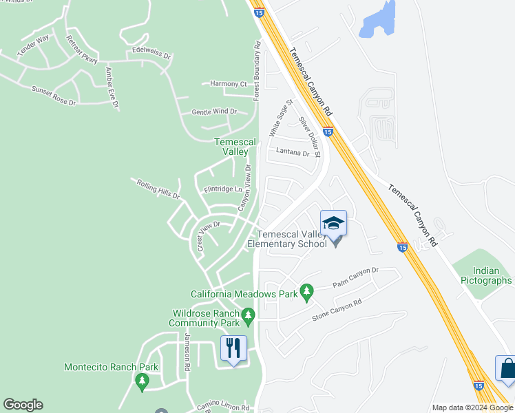 map of restaurants, bars, coffee shops, grocery stores, and more near 22831 Sunrose Street in Corona