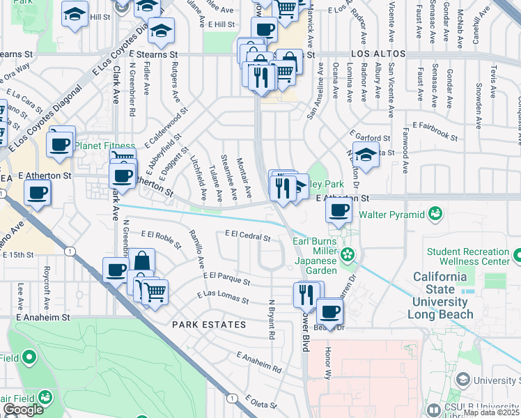 map of restaurants, bars, coffee shops, grocery stores, and more near 5480 East Atherton Street in Long Beach