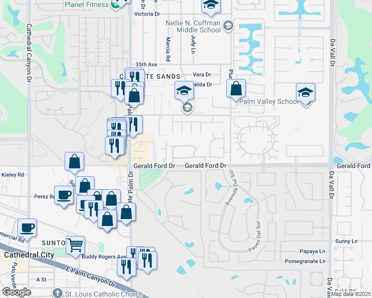 map of restaurants, bars, coffee shops, grocery stores, and more near 69291 Tamala Avenue in Cathedral City