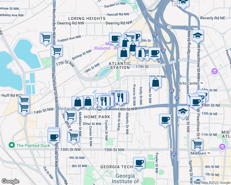 map of restaurants, bars, coffee shops, grocery stores, and more near 396 15th Street Northwest in Atlanta