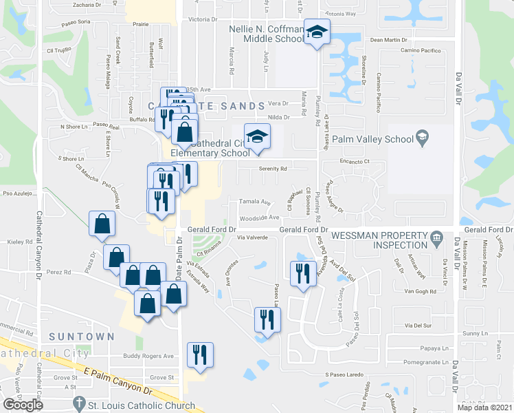 map of restaurants, bars, coffee shops, grocery stores, and more near 69291 Tamala Avenue in Cathedral City