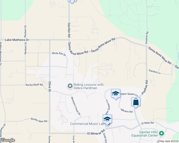 map of restaurants, bars, coffee shops, grocery stores, and more near 17465 Santa Rosa Mine Road in Perris