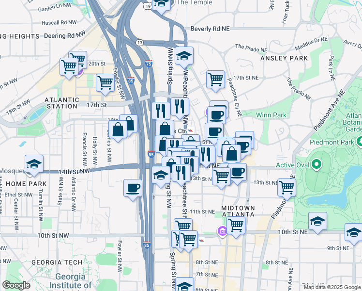 map of restaurants, bars, coffee shops, grocery stores, and more near 1230 West Peachtree Street Northwest in Atlanta