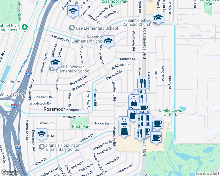 map of restaurants, bars, coffee shops, grocery stores, and more near 3242 Bradbury Road in Los Alamitos