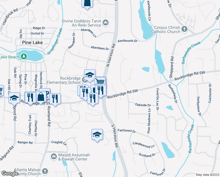 map of restaurants, bars, coffee shops, grocery stores, and more near 405 North Hairston Road in Stone Mountain