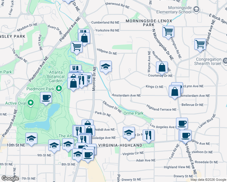 map of restaurants, bars, coffee shops, grocery stores, and more near 691 Amsterdam Avenue Northeast in Atlanta