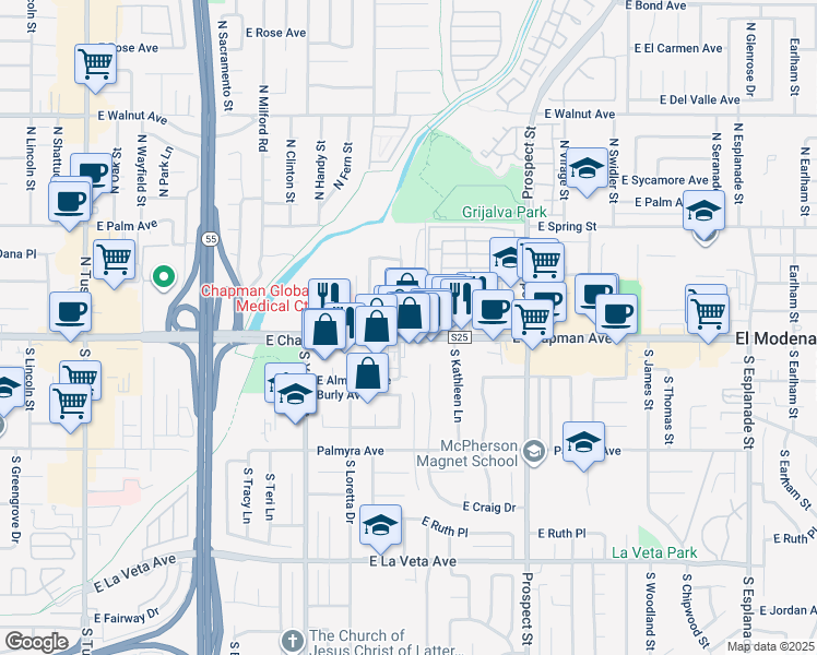 map of restaurants, bars, coffee shops, grocery stores, and more near 2810 East Chapman Avenue in Orange