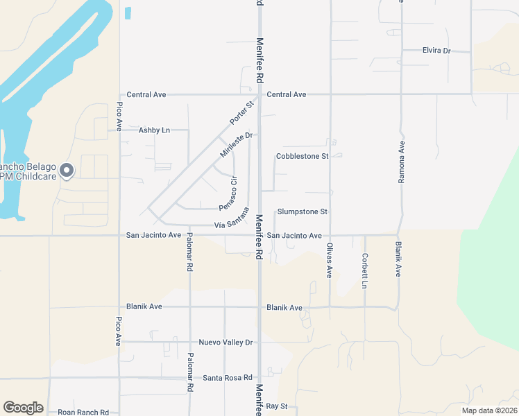 map of restaurants, bars, coffee shops, grocery stores, and more near Menifee Road in Nuevo