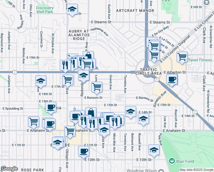 map of restaurants, bars, coffee shops, grocery stores, and more near 3702 East Wilton Street in Long Beach