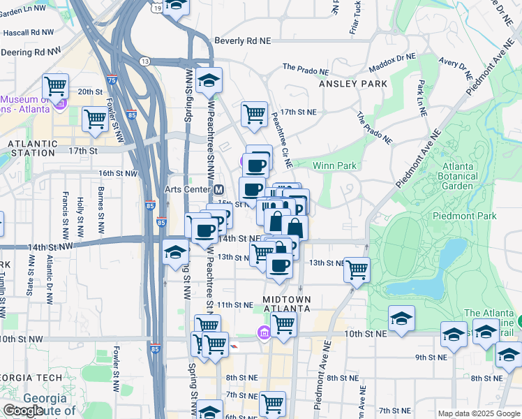 map of restaurants, bars, coffee shops, grocery stores, and more near 87 15th Street Northeast in Atlanta