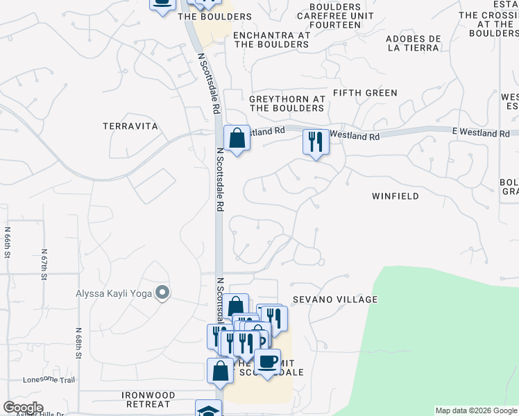 map of restaurants, bars, coffee shops, grocery stores, and more near 7277 East Crimson Sky Trail in Scottsdale