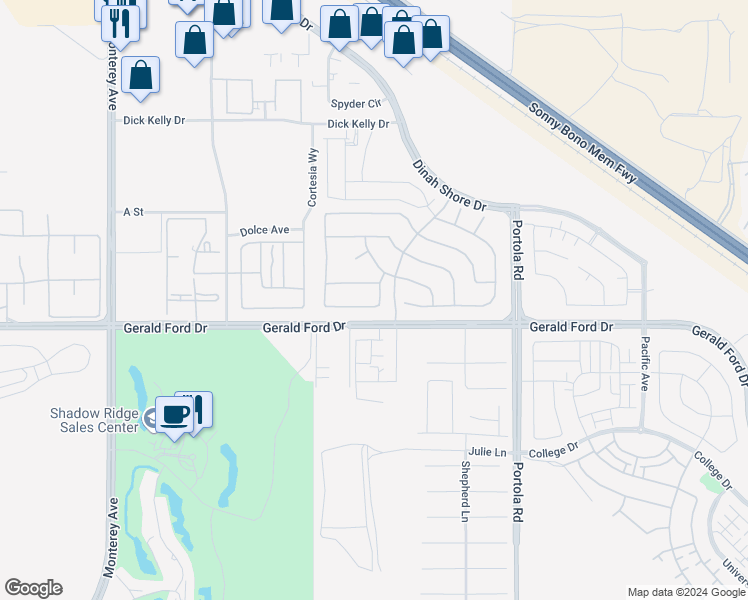 map of restaurants, bars, coffee shops, grocery stores, and more near 73720 Vermeer Way in Palm Desert