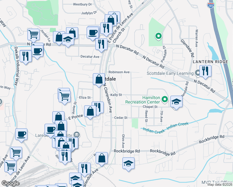 map of restaurants, bars, coffee shops, grocery stores, and more near 3103 Kelly Street in Scottdale