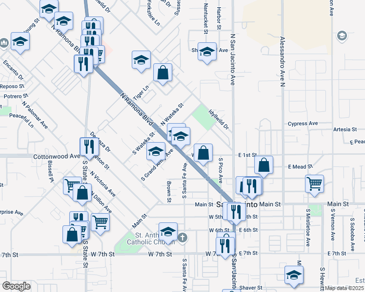 map of restaurants, bars, coffee shops, grocery stores, and more near 181 North Ramona Boulevard in San Jacinto