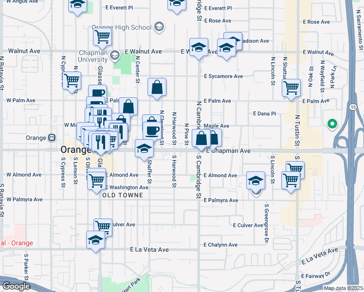 map of restaurants, bars, coffee shops, grocery stores, and more near 740 East Chapman Avenue in Orange