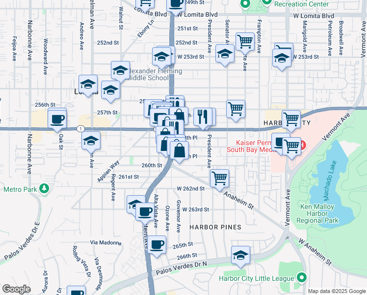 map of restaurants, bars, coffee shops, grocery stores, and more near 1664 259th Place in Los Angeles