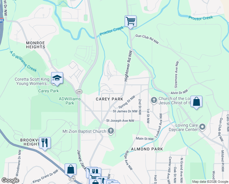 map of restaurants, bars, coffee shops, grocery stores, and more near 2555 Etheridge Drive Northwest in Atlanta