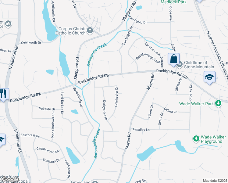 map of restaurants, bars, coffee shops, grocery stores, and more near 353 Colchester Drive in Stone Mountain