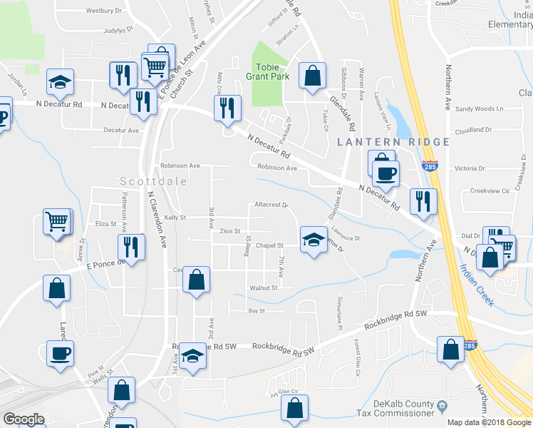 map of restaurants, bars, coffee shops, grocery stores, and more near 3230 Kelly Street in Scottdale