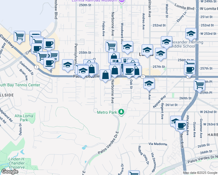 map of restaurants, bars, coffee shops, grocery stores, and more near 25843 Narbonne Avenue in Lomita