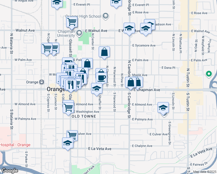 map of restaurants, bars, coffee shops, grocery stores, and more near 600 East Chapman Avenue in Orange