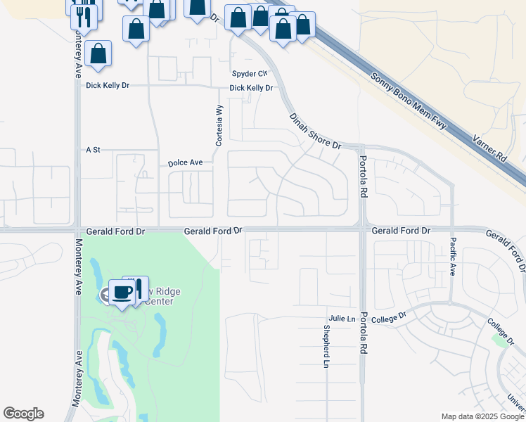 map of restaurants, bars, coffee shops, grocery stores, and more near 73720 Vermeer Way in Palm Desert