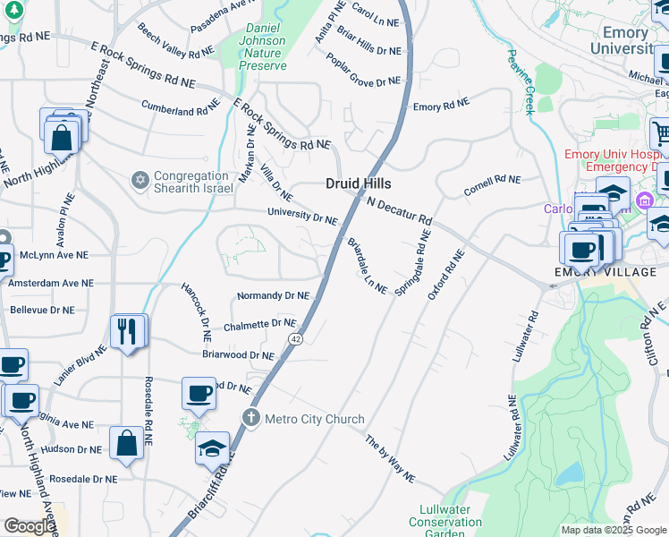 map of restaurants, bars, coffee shops, grocery stores, and more near 1263 Briarcliff Road Northeast in Atlanta
