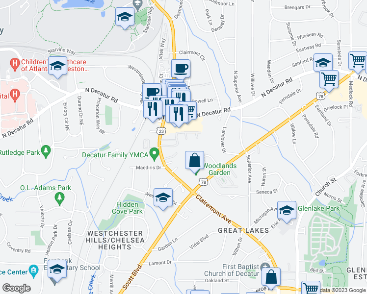 map of restaurants, bars, coffee shops, grocery stores, and more near 1211 Clairmont Road in Decatur