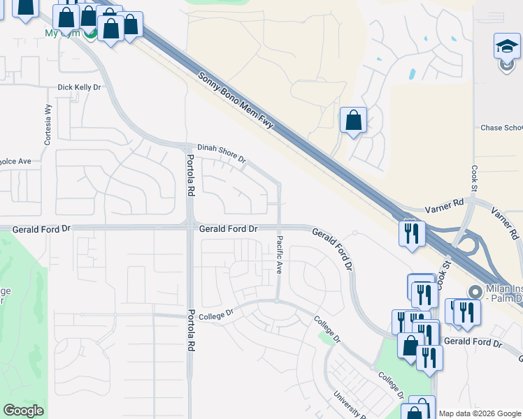 map of restaurants, bars, coffee shops, grocery stores, and more near 74551 Tesla Drive in Palm Desert