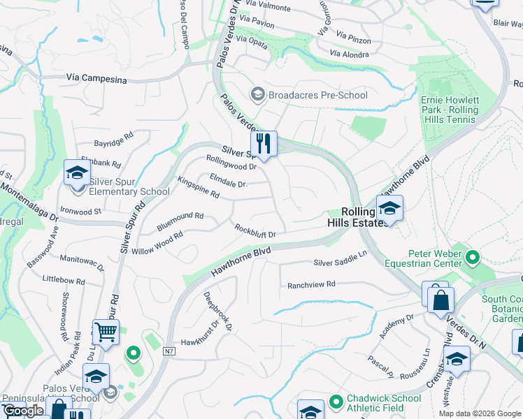 map of restaurants, bars, coffee shops, grocery stores, and more near 5 Brokenbow Lane in Rolling Hills Estates